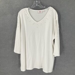 Quacker Factory Womens Studded V Neck Top Size 1X White 3/4 Open Sleeve Capsule